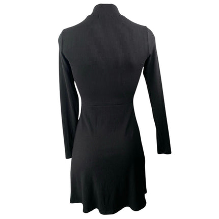 Women's Black Long Sleeve Ribbed Knit Turtleneck A Line Mini Dress Size XXS