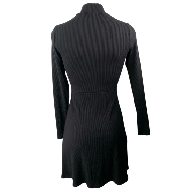 Women's Black Long Sleeve Ribbed Knit Turtleneck A Line Mini Dress Size XXS