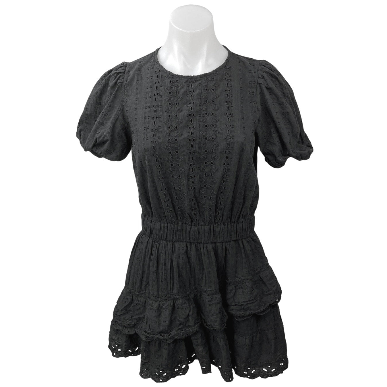 Zara Black Eyelet Embroidered Puff Sleeve Ruffle Tiered A Line