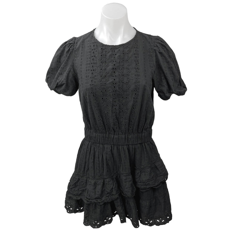 Zara Black Eyelet Embroidered Puff Sleeve Ruffle Tiered A Line Mini Dress Size M