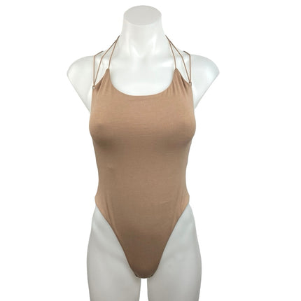 Tiger Mist Tan Brown Crew Neck Crisscross Back Strap One Piece Bodysuit Size XS