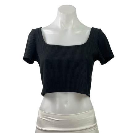 Reformation Women's Black Ribbed Knit Square Neck Short Sleeve Crop Top Size L