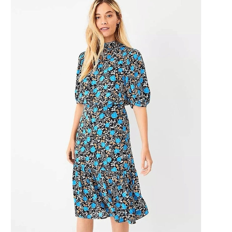 Ann Taylor Black Blue Floral Print Blouson Mock Neck Puff Sleeve Midi Dress Sz 6