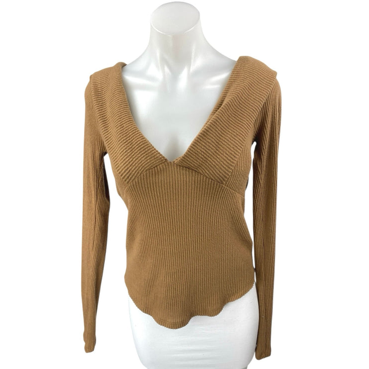 Free People We The Free Tan Ribbed Knit Long Sleeve V Neck Sweater Top Size M