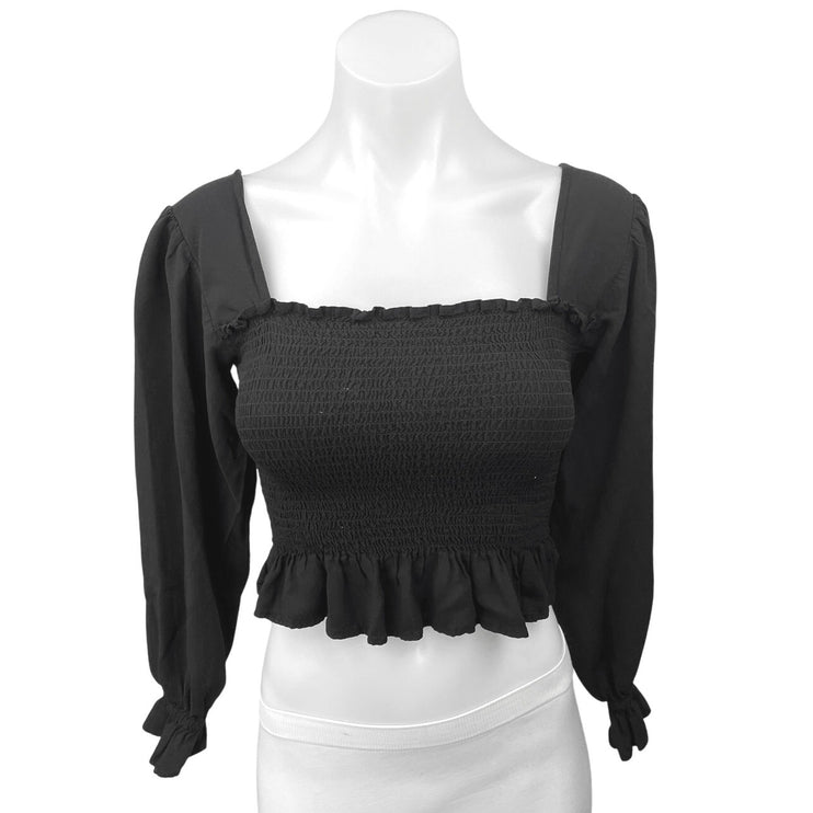 Nordstrom BP Black Smocked Ruffle Balloon Sleeve Square Neck Crop Blouse Top XXS