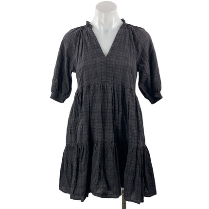 BB Dakota Black Check Plaid Short Sleeve V Neck Tiered A Line Mini Dress Size XS