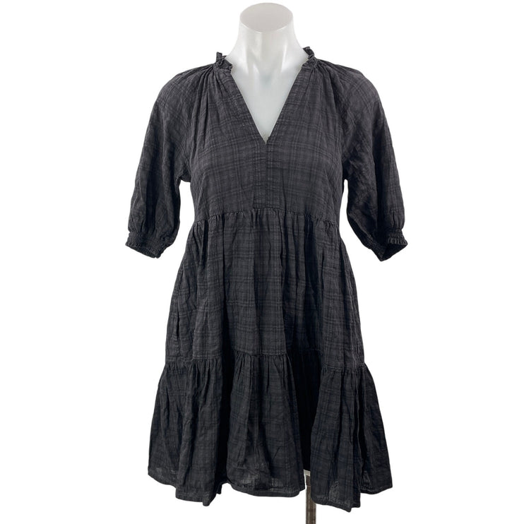 BB Dakota Black Check Plaid Short Sleeve V Neck Tiered A Line Mini Dress Size XS