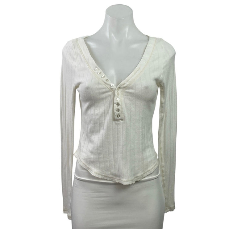Free People Women's White Long Sleeve V Neck Rib Knit Henley T Shirt Tee Top S