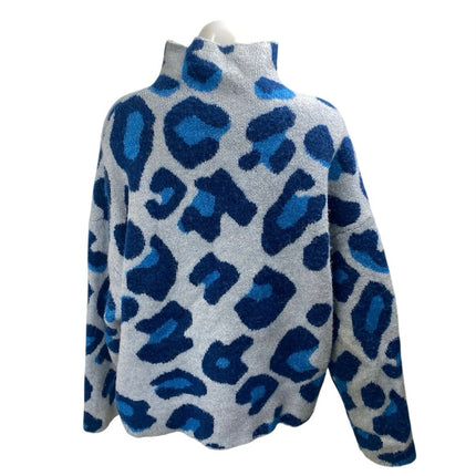 Zara Womens Blue Wool Jacquard Leopard Long Sleeve Turtleneck Sweater Top Size L