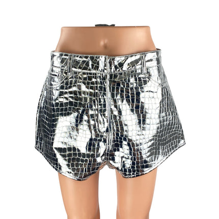 NEW Nasty Gal Women's Silver Metallic Croc Faux Leather High Rise Mom Shorts 8