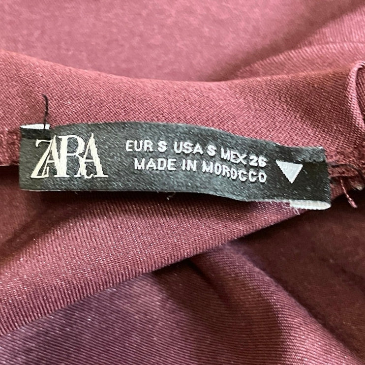 Zara Red Maroon Short Puff Sleeve Asymmetric Drape Mock Neck Blouse Top Size S