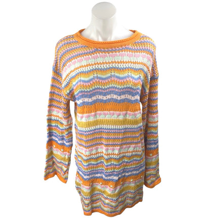 Women's Multicolor Striped Crochet Knit Long Sleeve Sweater Mini Dress Size L