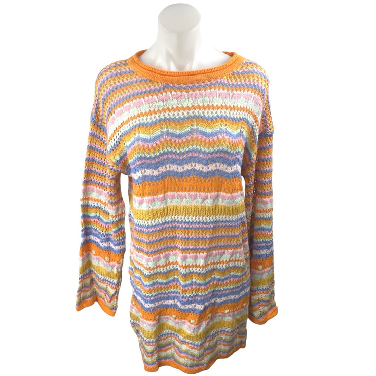 Women's Multicolor Striped Crochet Knit Long Sleeve Sweater Mini Dress Size L