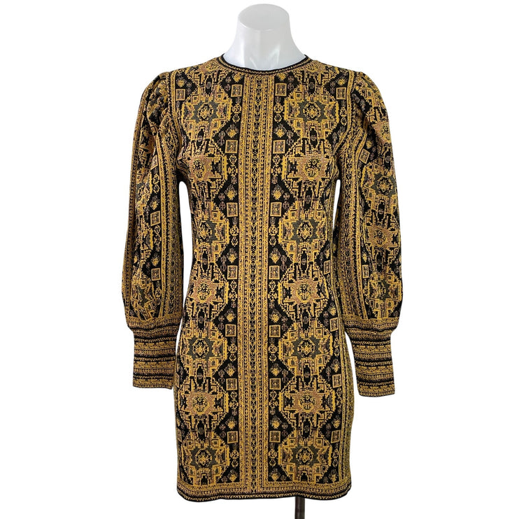 NEW Zara Gold Metallic Jacquard Long Balloon Sleeve Mini Sweater Dress Size S