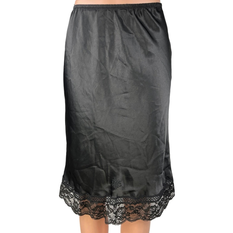 Christian Dior Black Silk Satin Embroidered Lace Floral Midi Slip Skirt Size S