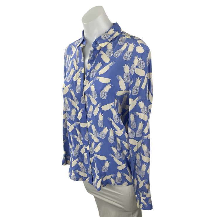 & Other Stories 100% Silk Blue Pineapple Print Long Sleeve Button Up Shirt Top 4