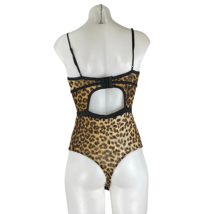 Women's Black Beige Floral Lace Sleeveless Leopard Cami Tank Bodysuit Top Size S