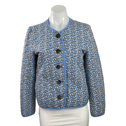J.Crew Blue Floral Block-print Quilted Button Down Long Sleeve Coat Jacket Sz 4