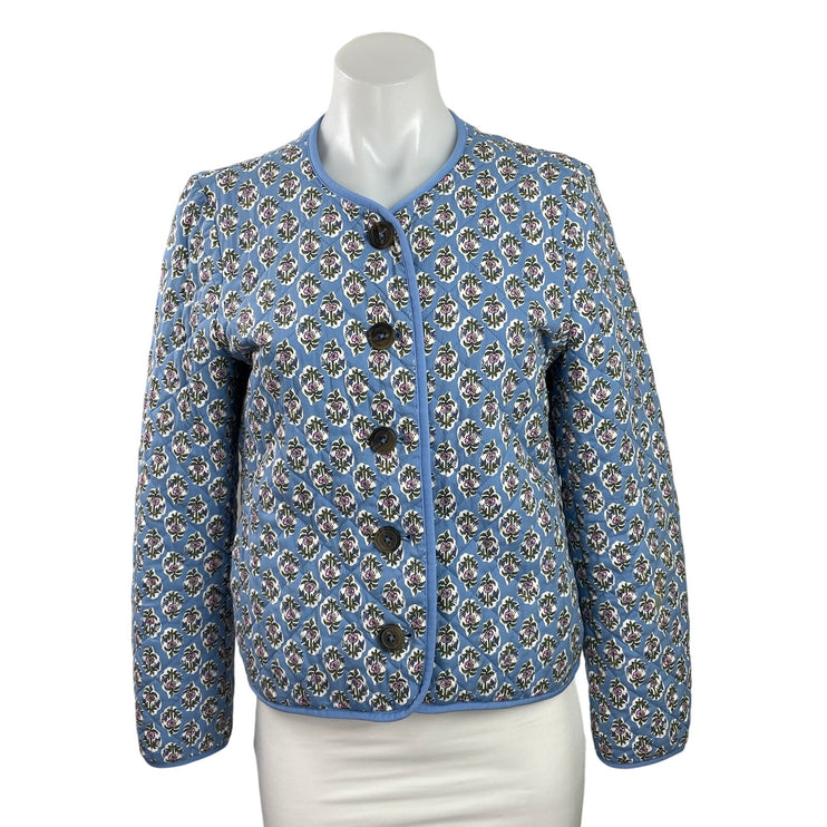 J.Crew Blue Floral Block-print Quilted Button Down Long Sleeve Coat Jacket Sz 4