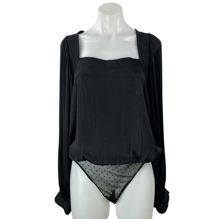 Free People Intimately Black Long Sleeve Smocked Lace Thong Bodysuit Top Size S