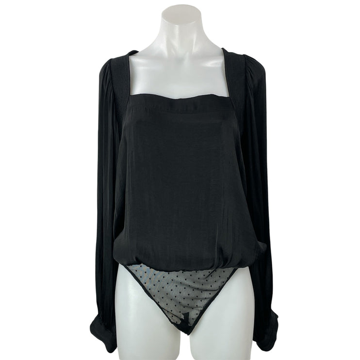Free People Intimately Black Long Sleeve Smocked Lace Thong Bodysuit Top Size S