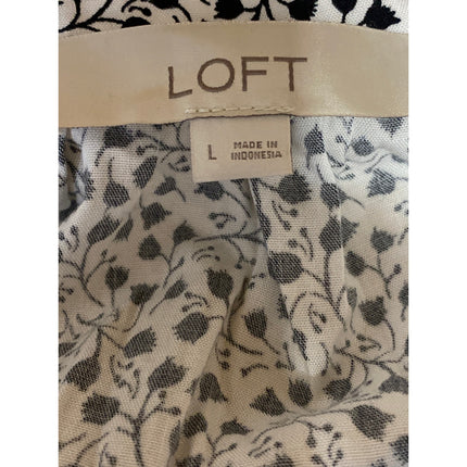 Ann Taylor Loft Black White Floral Tie Neck Long Sleeve Peasant Blouse Top Sz L