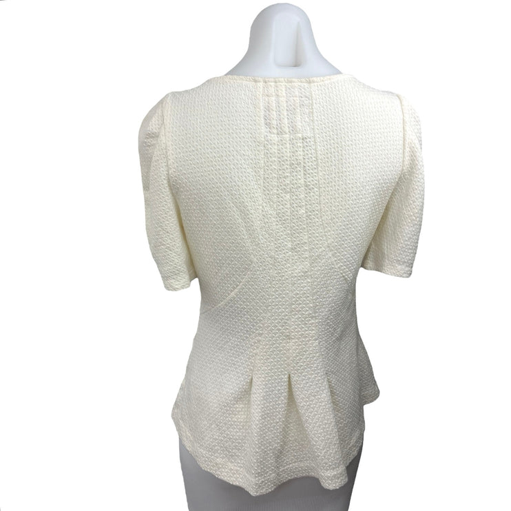 Anthropologie Georgia White Textured Pleated Puff Sleeve Peplum Blouse Top Sz S