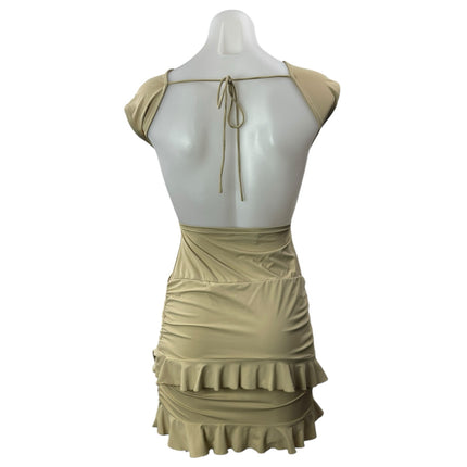 Lioness Olive Green Khaki Short Cap Sleeve Open Back Ruffle Tiered Mini Dress S