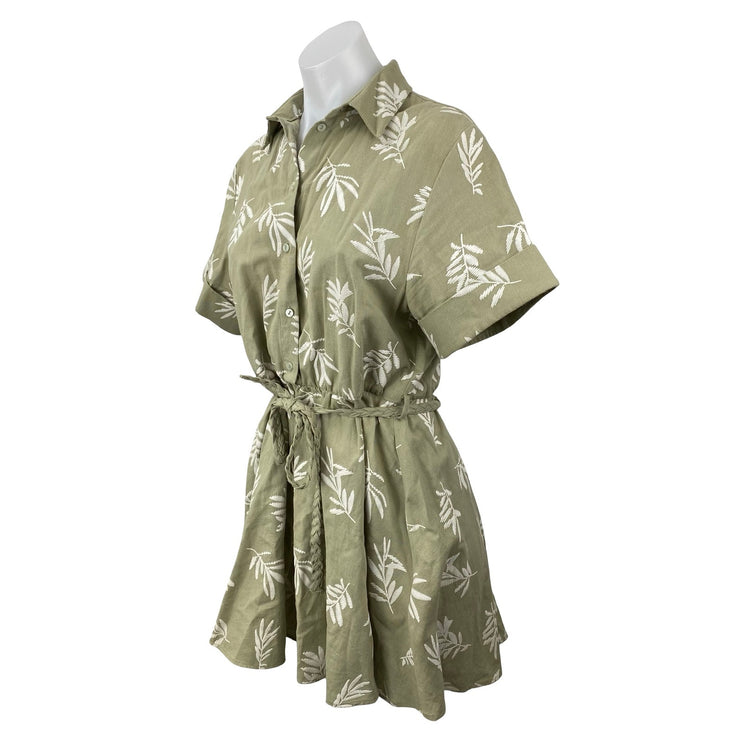 Zara Green Embroidered Leaf Linen Short Sleeve Belt A Line Mini Shirt Dress M
