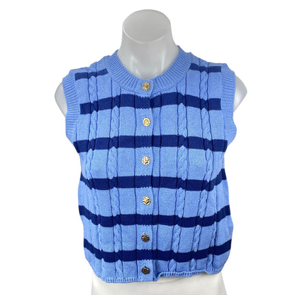Zara Women's Blue Stripe Cable Knit Sleeveless Button Up Tank Sweater Vest Top S