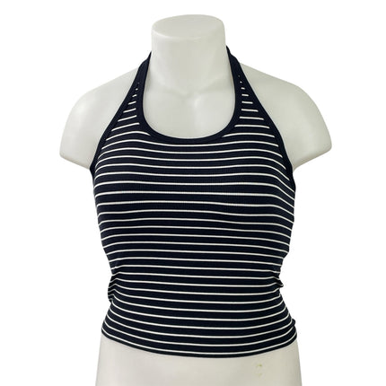 Uniqlo Black White Striped Sleeveless Halter Neck Backless Crop Tank Top Size XL