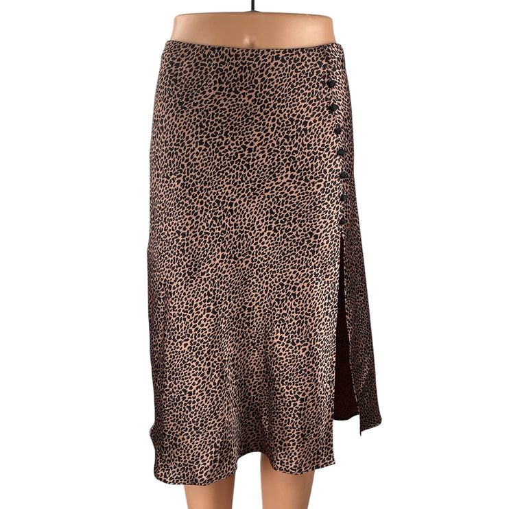 Victoria's Secret Beige Cheetah Silk Satin Side Button Midi A-Line Slip Skirt S