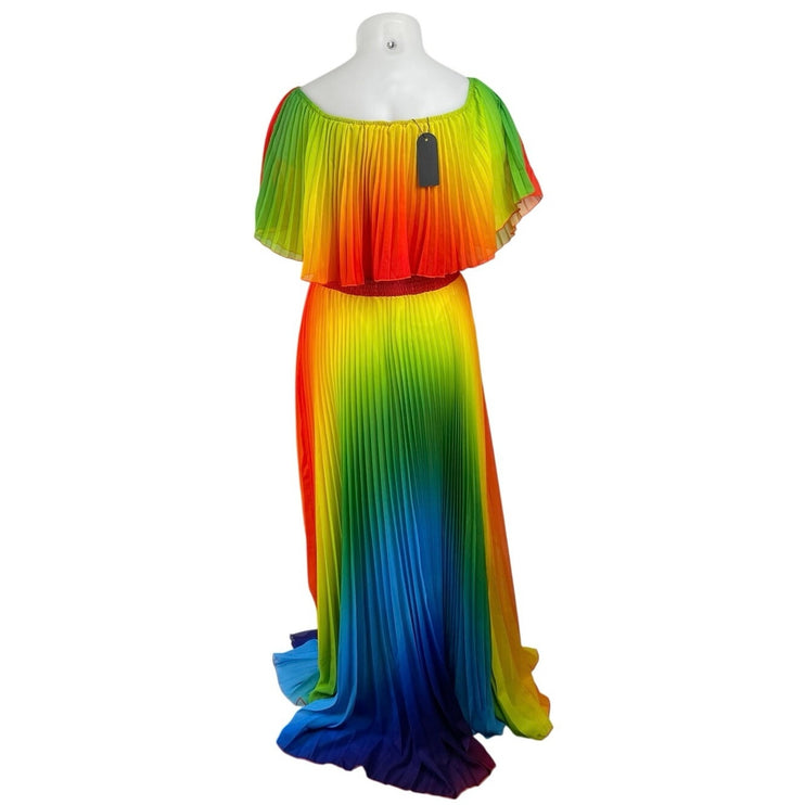 NEW Buxom Curvy Rainbow Ombre Pleated Off Shoulder Maxi Flare A-Line Dress Sz 1X