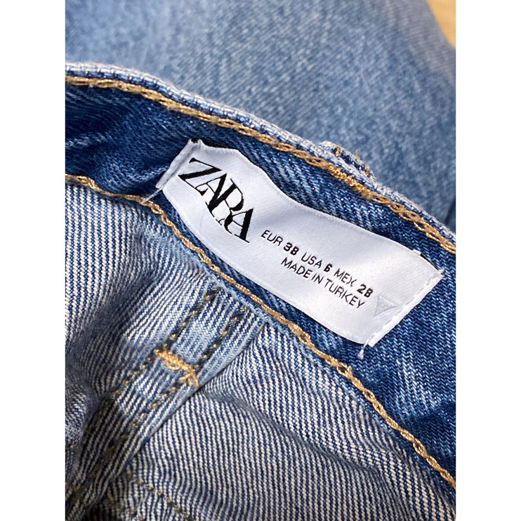 Zara Women's Blue High Rise Raw Frayed Hem Baggy Wide Leg Denim Jeans Pants Sz 6