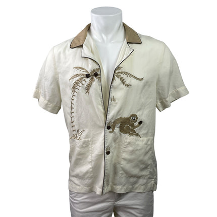 Tombolo Men's White Beige Embroidered Short Sleeve Button Down Shirt Top Size S
