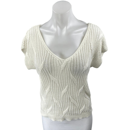 Zara Women's White Short Sleeve Cable Knit V-Neck Sweater Blouse Top Size XS