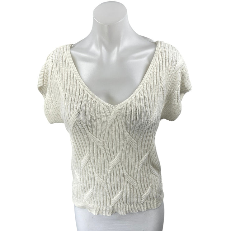 Zara Women's White Short Sleeve Cable Knit V-Neck Sweater Blouse Top Size XS