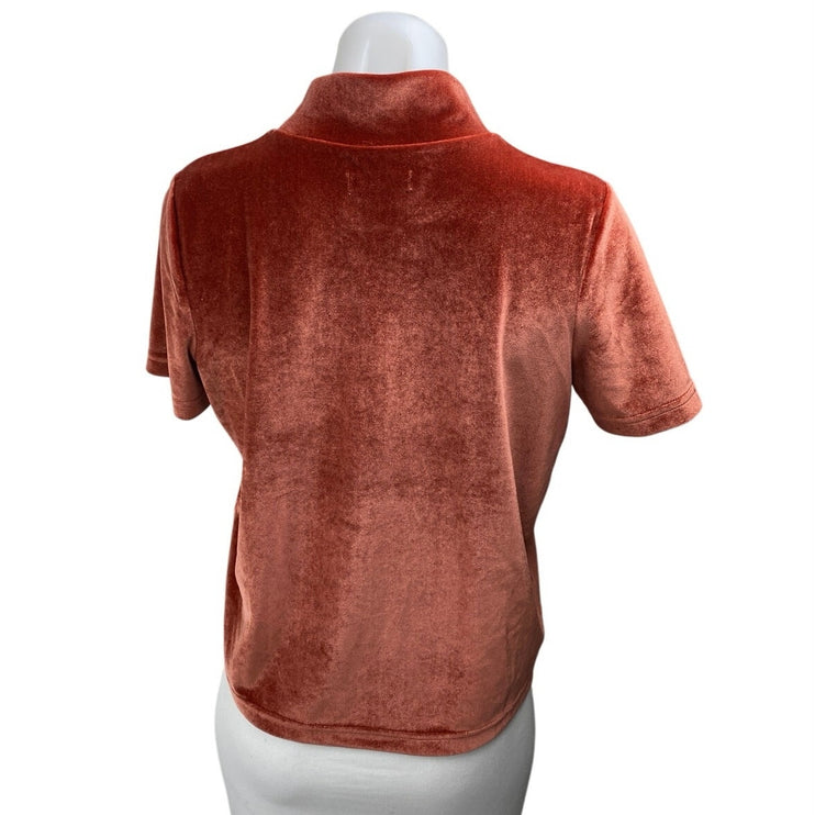 Madewell Women's Orange Velvet Velour Mock Neck Short Sleeve Blouse Top Size S