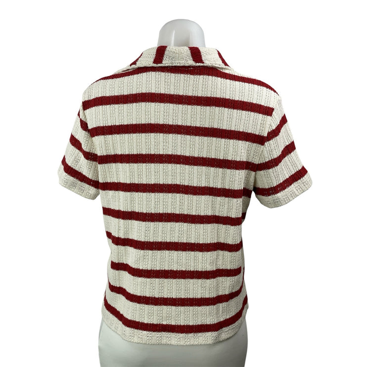 Madewell Women's Cream Red Striped Pointell Knit Short Sleeve Polo Shirt Top M