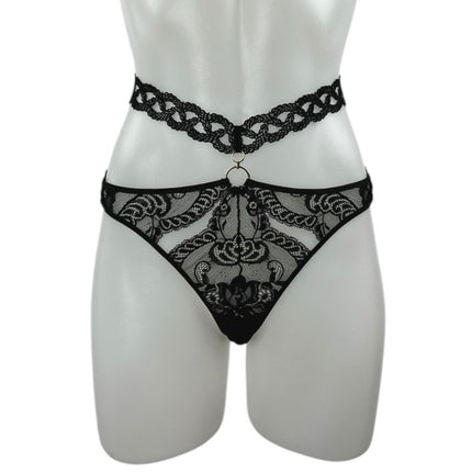 Aubade Women's Black Lace Strappy Crotchless Garter Belt Thong Underwear Panty S