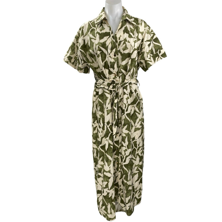 Zara Green Floral Print Short Sleeve Collared Button Down Midi Shirt Dress Sz S