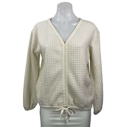 Max Studio Women's Cream Waffle Knit Long Sleeve V Neck Tie Blouse Top Size S