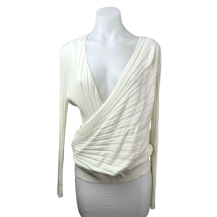 NEW Calvin Klein Women's Cream Ribbed Long Sleeve Wrap Sweatshirt Sweater Top L
