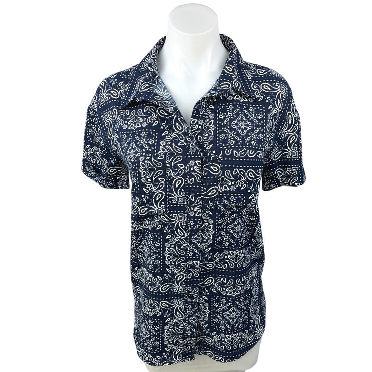 Vintage F. Shay Blue Bandana Scarf Paisley Button Up Short Sleeve Shirt Top Sz 6