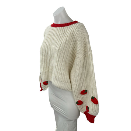 Cider Strawberry Women's Cream Chunky Knit Round Neck Long Sleeve Crop Sweater M