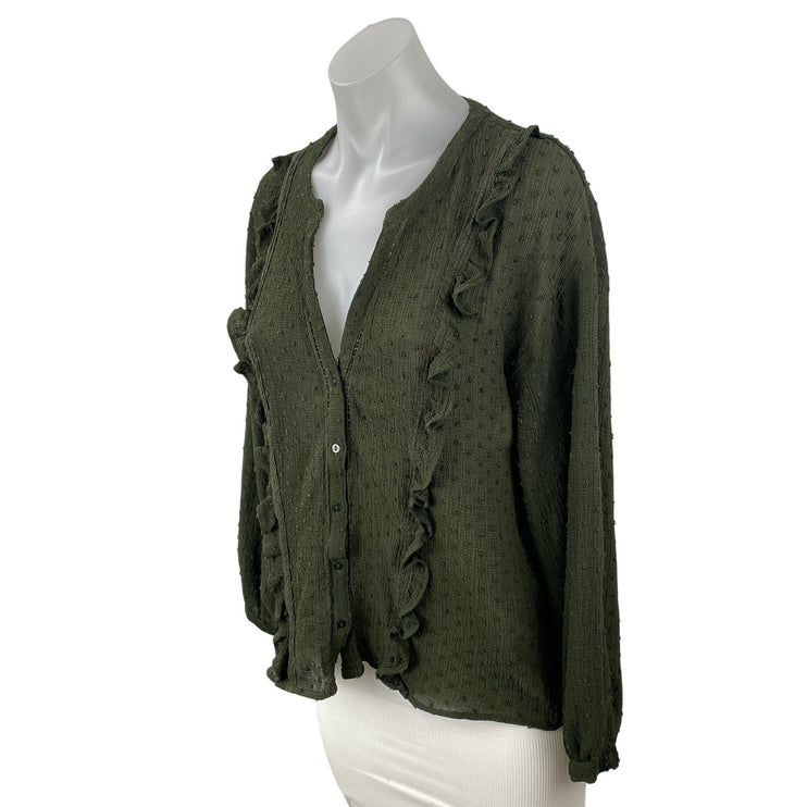 Zara Green Swiss Dots Ruffle V Neck Long Sleeve Button Up Shirt Blouse Top Sz S