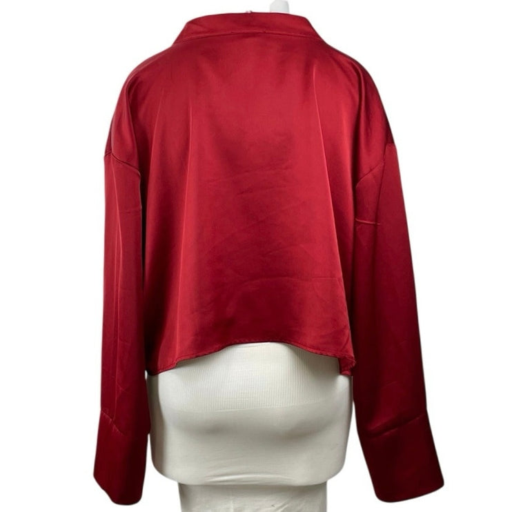 NEW Eloquii Women's Red Satin Silk Long Sleeve Deep V Neck Blouse Top Size 28