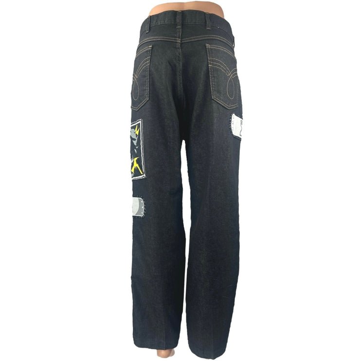 Women's Black Naruto Patchworks High Waisted Straight Leg Denim Jeans Pants 36