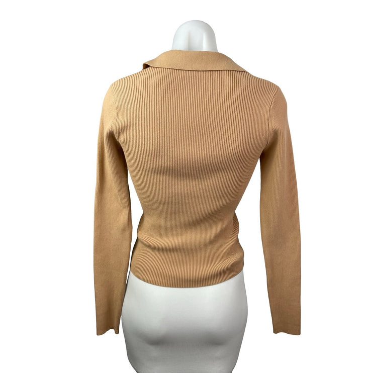 Intermix Nina Women's Ribbed Long Sleeve Collared V Neck Crop Sweater Top Sz P/S