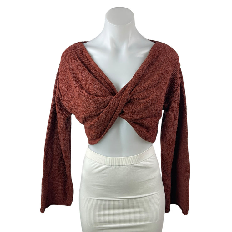 Urban Outfitters Laney Brown Twist Front Long Sleeve Knit Sweater Crop Top Sz M
